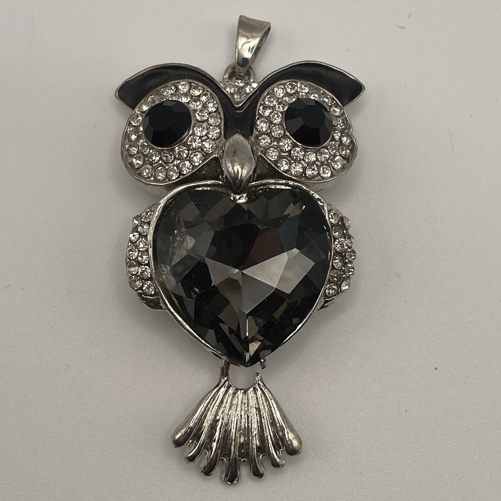 Unsigned Silver Tone Heart Owl Pendant Vintage Style Gray Rhinestone Large